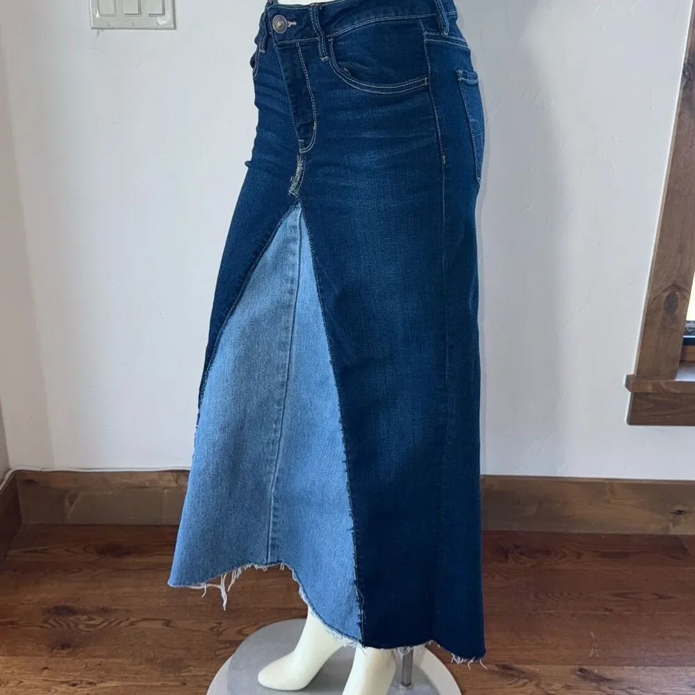 Up cycled‎ Bohemian Two Tone Blue Raw Hem Long Stretch Denim Maxi Skirt Size 6